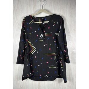 Ali Miles Shirt M Abstract Art To Wear Colorful Button Up Black Boho Chic Top‎